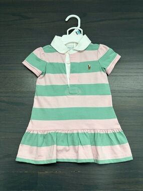 Ralph Lauren Girls Pink and Mint Striped Polo Dress with White Collar